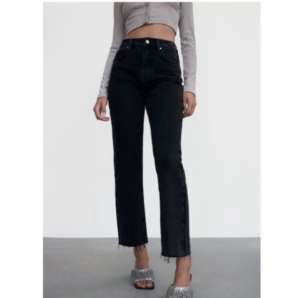 ZARA high waisted straight leg raw hem denim jean - Picture 1 of 7